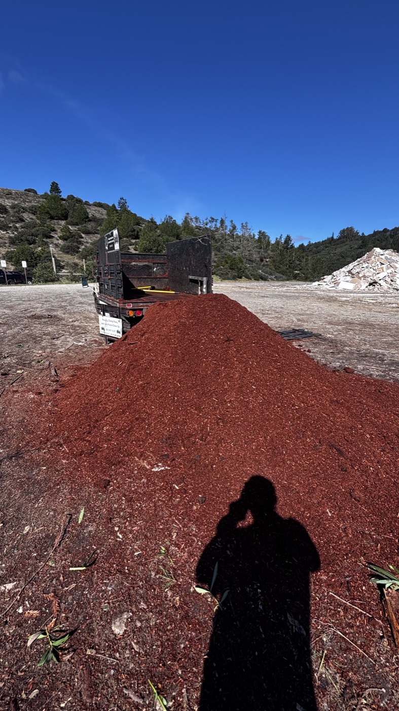 Before view of a large pile of mulch beside the hauling truck